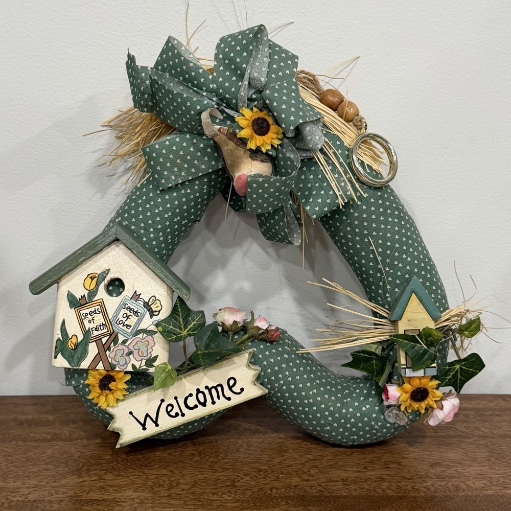 VTG Heart Welcome Wreath Birds Sunflower Country Cottage Handmade Grannycore